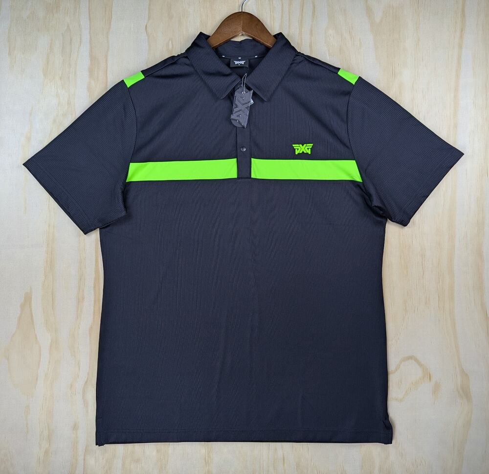 PXG Men's XL Athletic Fit Turbo Polo Shirt Black Neon Green Stripe NWT